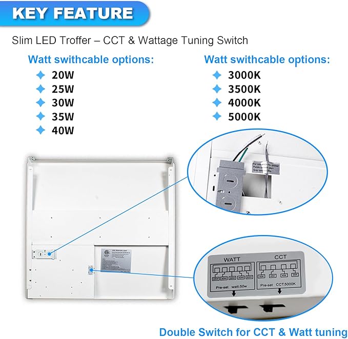 Cortelco 2x2 LED Troffer Light-20W/25W/30W/35W/40W,Up to 6000 Lumens,4 CCT Selectable 3000K/3500K/4000K/5000K,0-10V Dimmable Drop Ceiling Panel – 100-277V,ETL & DLC Listed,Commercial Grade,2 Pack