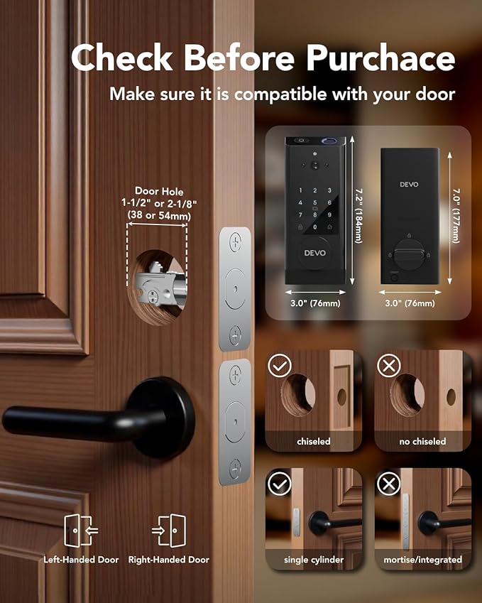 Devo G1 Video Smart Lock with Camera&Doorbell, 6-in-1 Keyless Entry Door Lock Deadbolt with Handle Set, App Remote, Fingerprint ID, Auto Locks, Built-in Wi-Fi Smart Deadbolt for Front Door