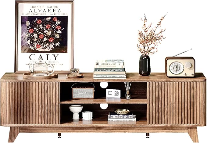 VINGLI 58.6" TV Stand up for 70 Inch TV, Mid Century Entertainment Center with Fluted Sliding Doors and Open Storage, Elegant Media Consoles for Living Room, Walnut