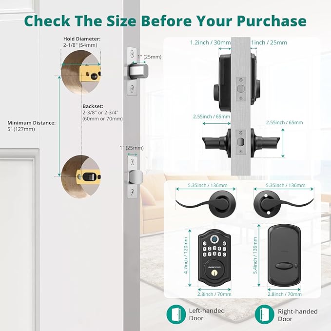 AkaGear DS10 Keyless Entry Door Lock with Handle - 2 Lever Handles, Fingerprint Door Lock, Keypad Deadbolt, 2 Keys, Code, Smart Locks for Front Door, Auto-Lock, Easy Installation - Matte Black