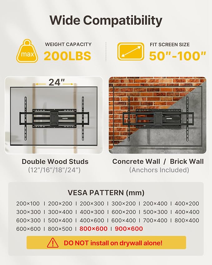 monTEK Heavy-Duty Full Motion TV Wall Mount Bracket for 50–100″ TVs up to 200 lbs – 4X Load Tested, Dual Arm Extension to 25.1″, Tool-Free Tilt/Swivel/Level, Max VESA 900×600, Fits 12/16/18/24" Studs