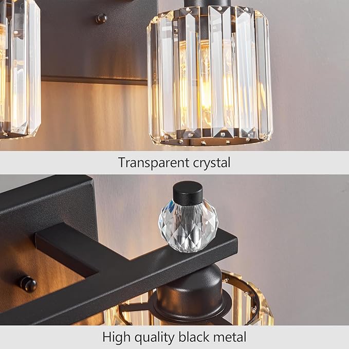 FDPBY Bathroom Vanity Lights 2-Light Sand Black Modern Crystal Vanity Light Fixtures Over Mirror Crystal Bathroom Vanity Lighting Fixtures