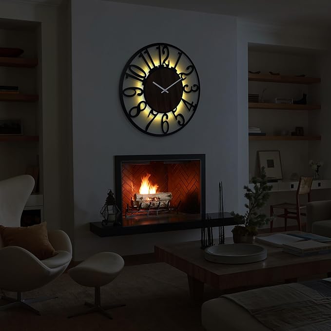 Casaformia 32'' Large Silent Wall Clock with Night Light, Glow in The Dark Decorative Wall Clock Battery Operated, Rustic Modern Metal & Wood Clocks for Bedroom Living Room Decor, Arabic Numerals