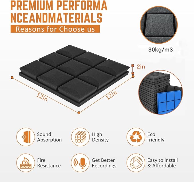 SAIQIANG Sound Proof Foam Panels For Walls, High-Density sound proof panels for walls, Acoustic panels sound absorbing for Noise Absorbing Canceling (24 Pack Mushroom, 2x12x12 Inches)