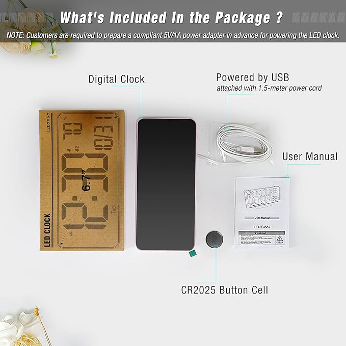 KOSUMOSU Alarm Clocks for Bedrooms, 6.7in Small Digital Clock, Auto Dimming, Room Temperature, Day of The Week, Date, Seconds, Digital Clocks for Living Room, Alarm Clock