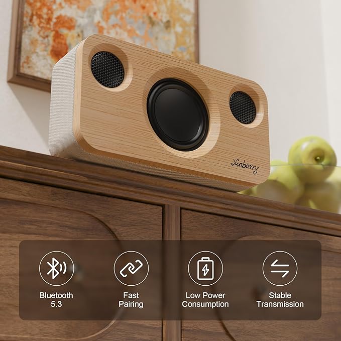 Xinborry Portable Bluetooth Speaker with Deep Bass, 40W(Peak),Bluetooth 5.3,15-Hour Playtime, AUX, TF Card, 2 Way Stereo Sound Wood Home Audio for Indoor, Party, Outdoor, Camping