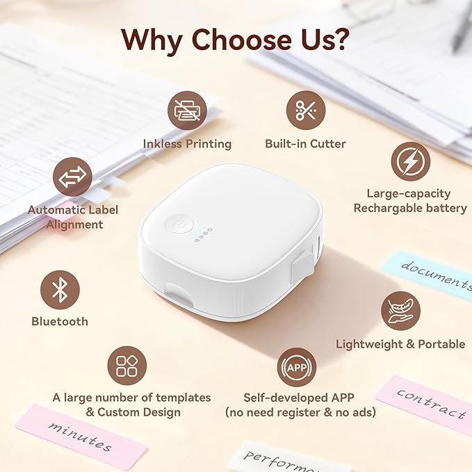 XenGro Mini Label Maker Machine with Tape AH-P05, Portable Bluetooth Mini Label Printer, Wireless Thermal Label Maker, Waterproof & Rechargeable, Built-in Cutter, for Home, Office, Kitchen – White