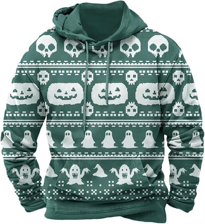 Halloween Hoodie Men Graphic Pumpkin Ghost Printed Sweatshirt Casual Trendy Long Sleeve Halloween Hooded Tops with Pockets