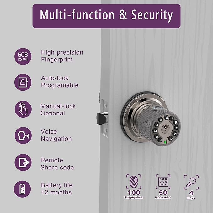 BOTHSTAR Double Sided Keyless Door Knob Lock with Fingerprint and Keypad, Smart Doorknob with Dual Cylinders for Exterior or Interior Door(Double Sided Fingerprint Satin Nickel)