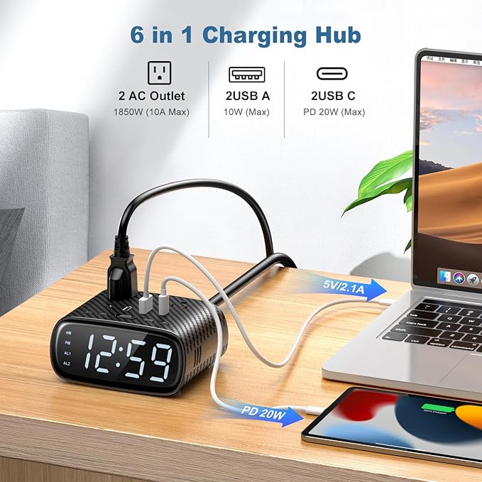 Sussex Alarm Clock with 2 USB-C, 2 USB-A Chargers Power Strip 2 Outlets - Screen LED Dimmable Digital Clock with Snooze Function - Dual Alarm for Bedside Nightstand