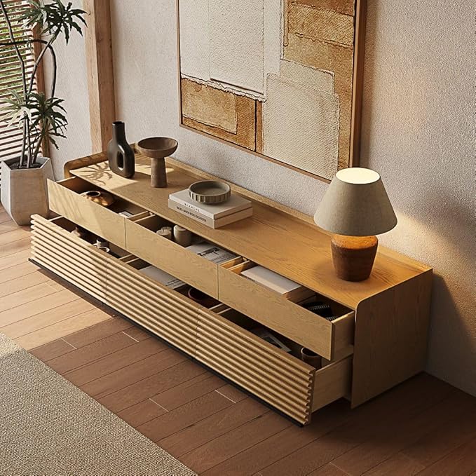 POVISON 79" Fully Assembled Mid Century Modern TV Stand with LED Lights, Media Console with 6 Drawers, Wood Slatted Entertainment Center, No Assembly Required, Fits 75-85 Inch TV