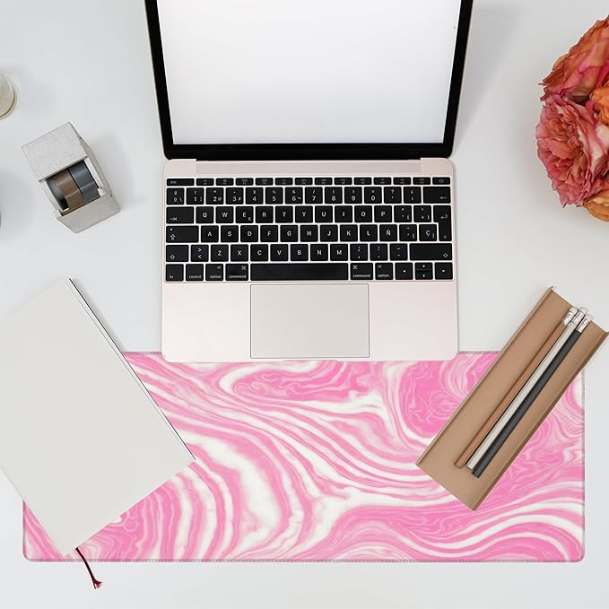 Eflxamz Desk Pad,Pink Marble Swirls Texture Desk Mat,Flow Liquid Waves Large Gaming Mouse Pad for Desk,Extended Big Computer Keyboard Mouse Pad with Non-Slip Base and Stitched Edge,31.5"x11.8"