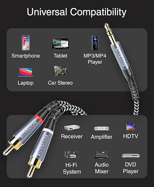 BlueRigger 3.5mm to RCA Audio Cable (15FT, RCA Male to Aux Audio, Braided, Headphone Jack Adapter, Metal Shell) - for Phones, Amplifiers, Tablets, Home Theater, Speakers, HDTV