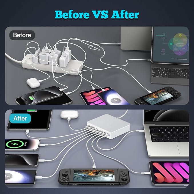 USB C Charger Block 200W, GaN 8-Port USB-C PD Fast Charging Station Desktop Hub, PD65W Laptop Charge Adapter Compatible with MacBook Pro/Air/DELL/Steam Deck/iPhone 16/15/Galaxy S22/S23