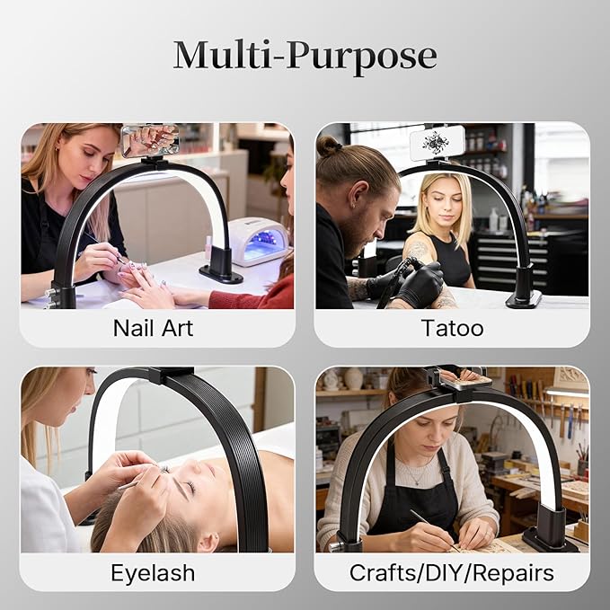 Half Moon Light for Nail Desk, Portable Nail Light for Desk with Phone Holder, Stepless Adjustment of Brightness and Color Temperature, Desk Lamp for Nail Tech, Eyelash, Tattoo, Makeup (Black)