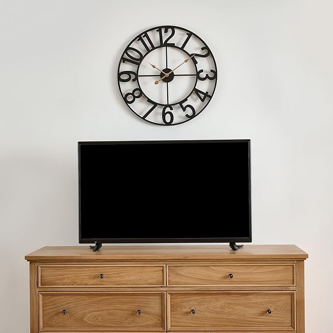 Alarmore Wall Clocks for Living Room Decor, Large Wall Clock Silent Battery Operated, Rustic Industrial Farmhouse Black Metal Wall Clocks for Kitchen, Bedroom, Dining Room-24 in