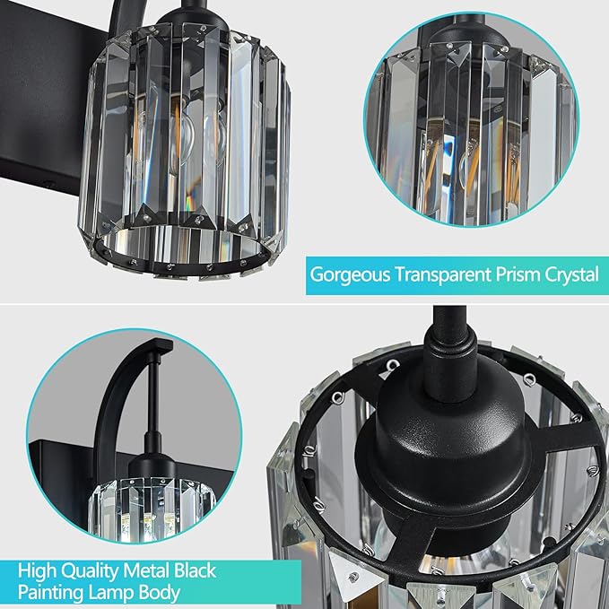 FDPBY Bathroom Crystal Vanity Lights 2-Light Black Wall Lamp Modern Crystal Bathroom Light Fixtures Over Mirror 13.77" Long Wall Sconce