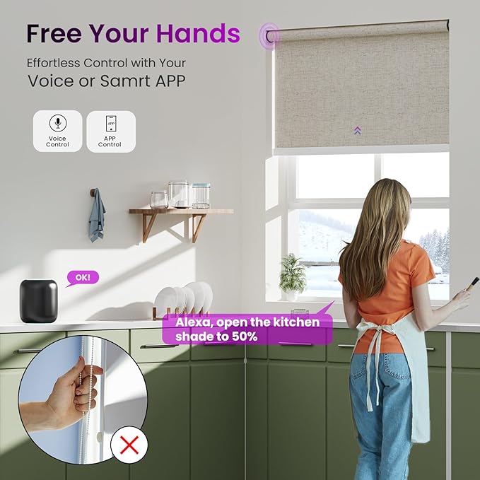 Astomi Motorized Roller Shades for Windows, Blackout Automatic Blinds with Remote, Smart Blinds, Voice Control, Compatible with Alexa, Google, Custom Size, Linen Beige
