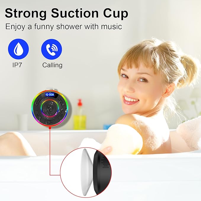 Shower Bluetooth Speaker IPX7 Waterproof, Portable Bluetooth Speakers with Suction Cup and Time Display, Crystal Sound&Bass LED Light 1100mAh, Wireless Shower Speaker for Outdoor/Kayak/ Gifts/Beach