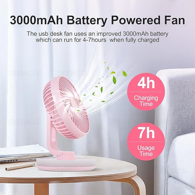 MAWFOZIN Small Desk Fan With Night Light, Auto Oscillating Table Fan With 3000mAh Rechargeable Battery, USB Personal Fan With 4 Speeds Wind, Adjustable Fan For Home, Office Bedroom, Camping (pink)