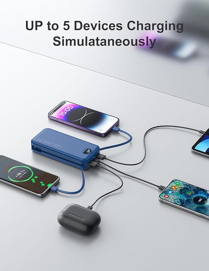 aonidi 20000mAh Ultra-Portable-Charger-Power-Bank PD20W with Built in Cables&AC Wall Plug,Fast Charging Cell Phone Charger Battery Pack,LED Display Travel Battery Bank for All iPhone,Samsung,Android