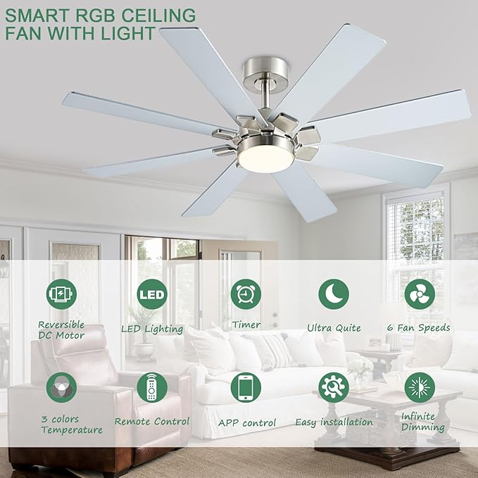 KNUN Nickel 48 Inch Ceiling Fans with Lights and Remote/APP Control, Low Profile Ceiling Fan, 8 Blades，LED Dimmable, Reversible DC Motor, Noiseless, Ceiling Fan for Bedroom Indoor/Outdoor Use