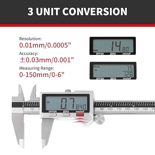 Unipec 8 Inch/ 200mm IP54 Grade Stainless Steel Digital Caliper & Stainless Steel Rule, Inch/Millimeter/Fraction Conversion, Large LCD Screen