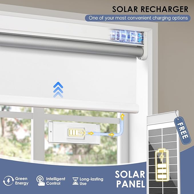 Motorized Blackout Smart Roller Blinds with Remote Control & Solar Panel - Automatic Electric Shades for Windows, Compatible with Alexa - White,20" W*72" H