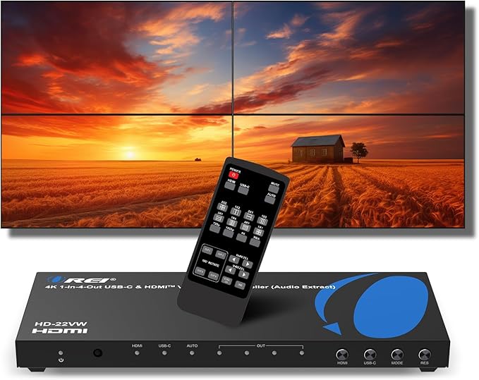 OREI 4K Video Wall Controller for Multi-Screen Display with HDMI and USB-C Inputs, 4K@60Hz Input and 1080p Output, 180° Rotation, RS-232 Control and Optical Audio Output