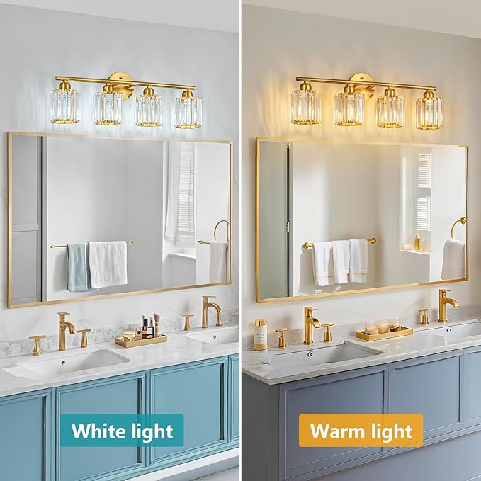FDPBY Modern 4 Light Crystal Vanity Light, Brushed Gold Vertical Bathroom Light Fixture Over Mirror for Dressing Table Sink, Compatible with Dimmable Bulbs (Bulbs Not Included)