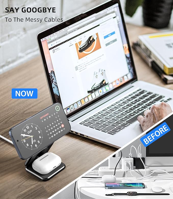 KU XIU X40 Foldable Magnetic Wireless Charger, 3-in-1 Charging Station for iPhone 17/16/15/14/13/12 & iPhone Air, 5W Fast Charging for Apple Watch S11–4/SE/Ultra 3/2/1, AirPods 4/3/2/Pro – Black