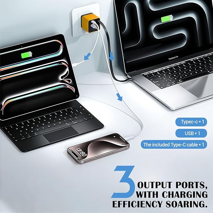 Tobre 3 in 1 GaN Charger, Scalable 80W Max Fast Charging Block with Retractable Type-C Cable & 2 USB Ports, All-in-One Wall Charger for iPhone 16/15/14, Galaxy S25, Pixel,Laptops (White, 80)