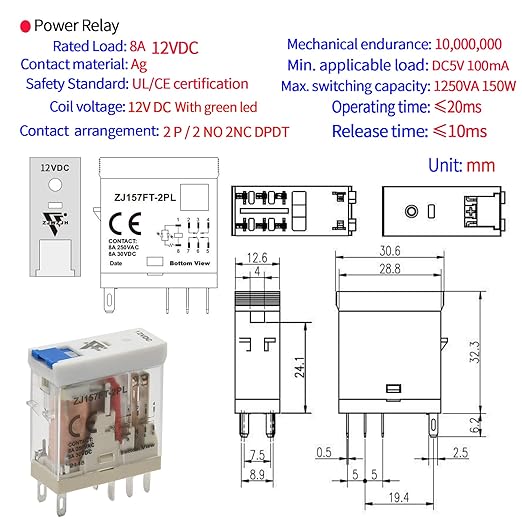 Power Relay 12V Miniature Electromagnetic Relay 8Amp DPDT 2-Pole with Indicator Light, Test Button and Socket Base UL Certification (8 Pin- 8A, DC 12V)