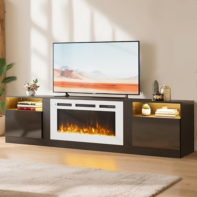 YISUFO 70" TV Stand with 36" Electric Fireplace, Large Modern Media Entertainment Center with Storage Cabinet and 12 Colors LED Lights for TVs Up to 80",Black & White