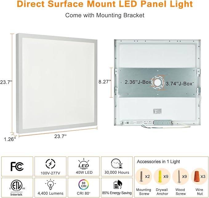 Mcacggo 2x2 FT Surface Mount LED Panel Light Dimmable & 3 Color Selectable 3000K/4000K/5000K - 40W 24x24 Inch LED Flush Mount Ceiling Light Low Profile, 100-277V, Bright 4400LM, ETL Listed, 2 Pack