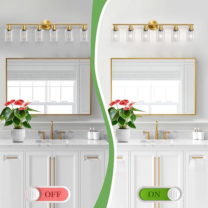 Guliaofo 6-Light E26 Gold Bathroom Vanity Lights, Modern Bathroom Light Fixtures with Clear Glass Shade, Wall Lamps for Mirror Hallway Kitchen Cabinet Living Room Sconces Lights