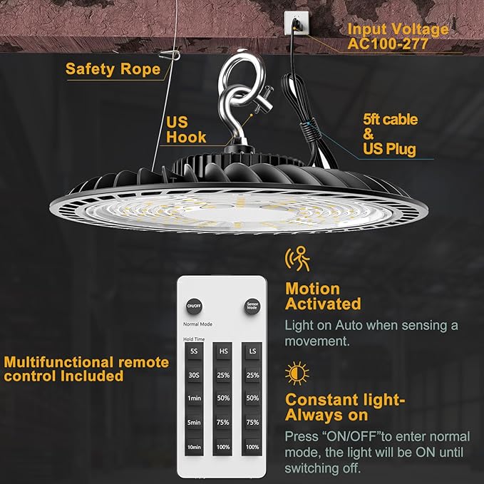 ACOHOOK Smart 200W HIgh Bay LED Lights with Smart Controller Supports Normal Mode & Motion Sensor Mode(Energy Saving) ETL Listed UFO Lights for 25-35FT Warehouse-4Pack