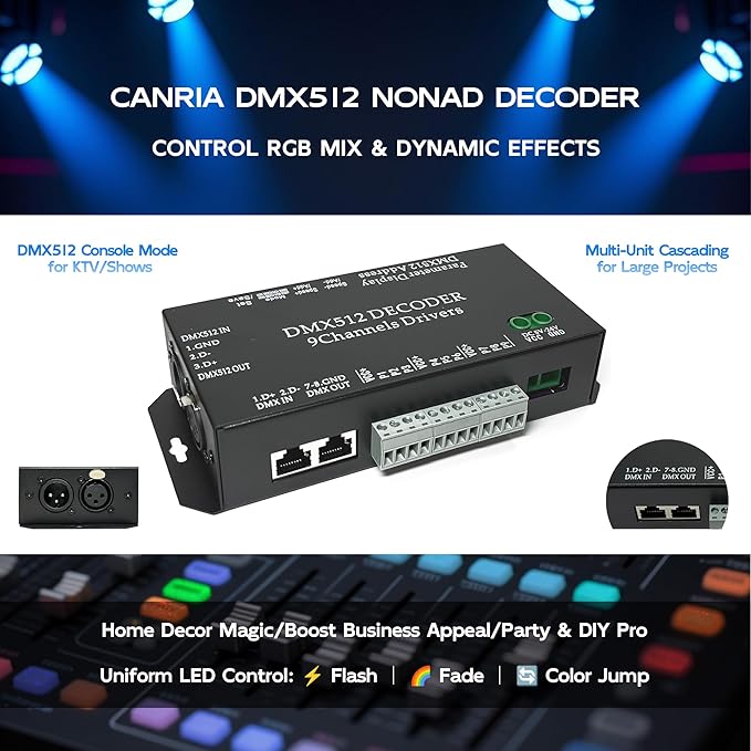CANRIA 9 Channel DMX512 Decoder LED Controller, DC 5V-24V 5A/CH, RGB RGBW LED Lighting Driver, for Stage/Architectural/Event Lights, 4-Digit Display