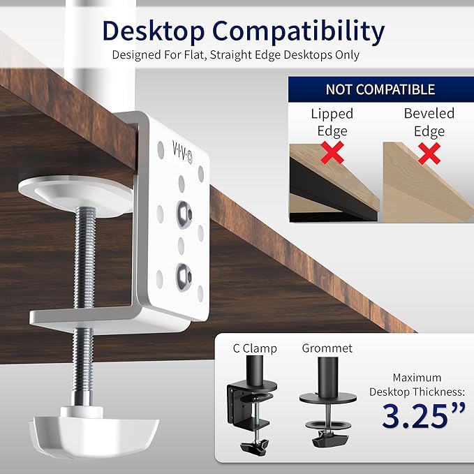 VIVO Single Monitor Arm Desk Mount, Holds Screens up to 32 inch Regular and 38 inch Ultrawide, Fully Adjustable Stand with C-Clamp and Grommet Base, VESA 75x75mm or 100x100mm, White, STAND-V001W