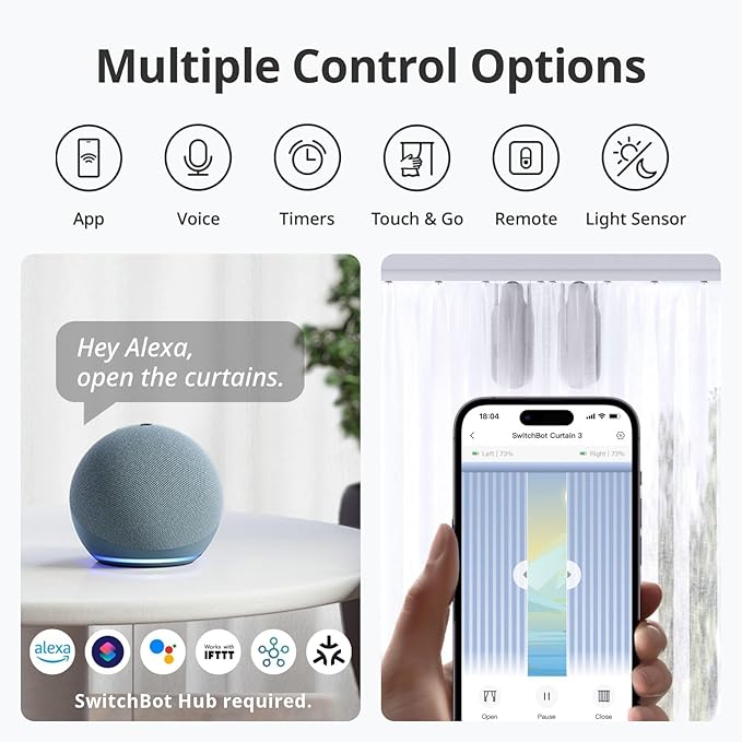 SwitchBot Automatic Curtain Opener with Remote - Bluetooth Remote Control Smart Curtain with App, Upgraded High-Performance Motor, Add SwitchBot Hub to Work with Alexa, Google Home, HomeKit (Curtain 3