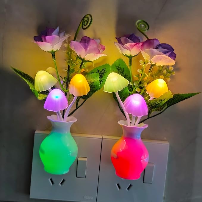 AUSAYE 2Pack Led Night Light Plug in Sensor Light, Energy Saving Lamp Dream Nightlight Rose Flower Mushroom Night Lights for Kids Adults Bedroom,Bathroom,Living Room,Stairs, Kitchen,Hallway