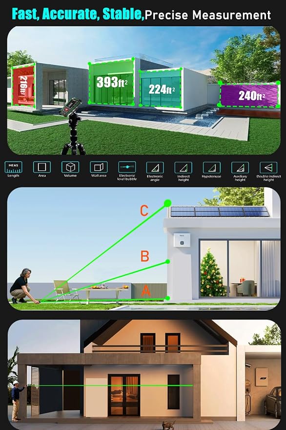 ZC-SG60 Dual Laser Measuring Tool, 196Ft Green-Beam Bilateral Digital Laser Distance Measure 6 Units Ft/in/M, Rechargeable Laser Measurement Tool -Backlit LCD Display, Length/Area/Volume/Angle Sensor