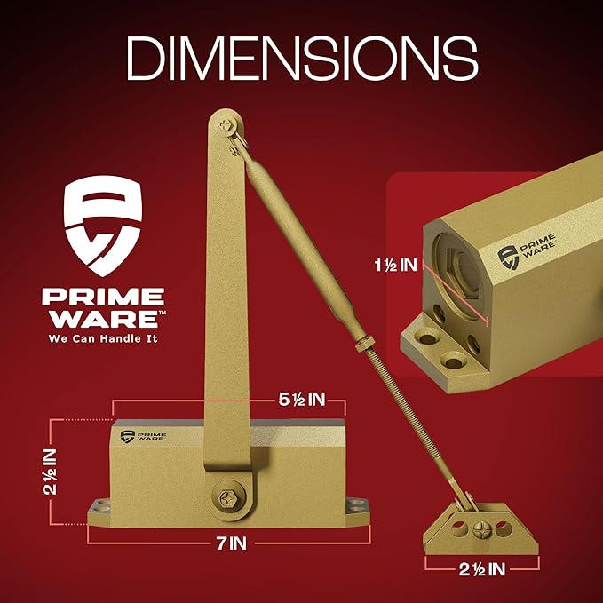 PrimeWare DC-300 Automatic Adjustable Door Closers for Home | Soft Close, No Slam | Residential and Commercial Door Closer | Level 3 | for Doors Weighing 90-140 lbs | Hydraulic Door Spring - Gold
