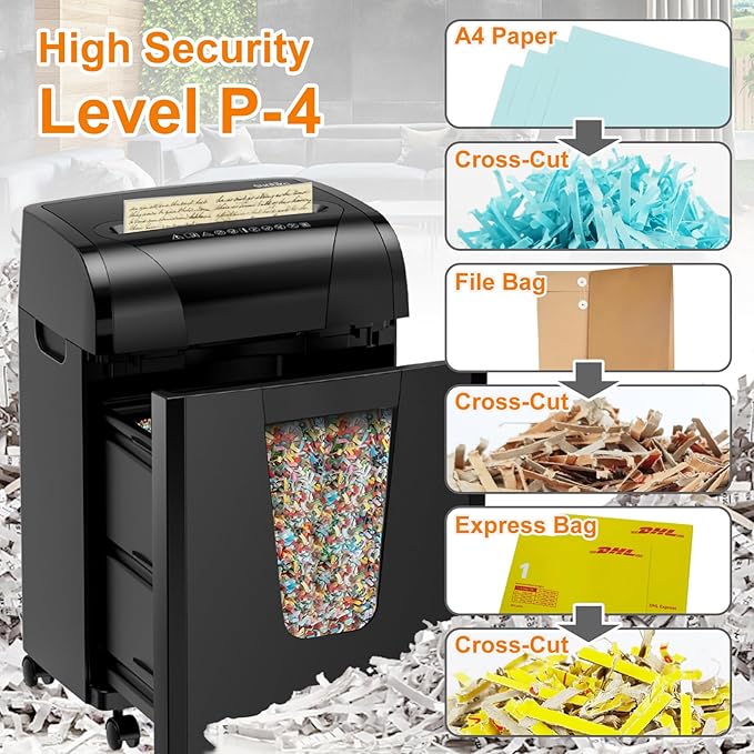 Suntiko Paper Shredder, 18-Sheet Cross Cut Level P-4, Shred Paper/Credit Card/CD, with Large Pull Out Bin，Insert Auto Jam Proof System Shredder for Home&Office