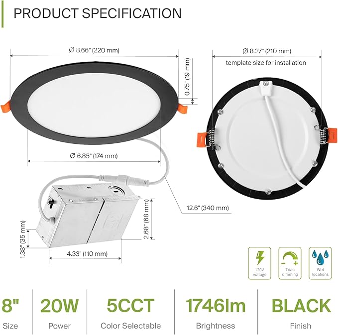 ASD 1 Pack 8 Inch LED Recessed Light 20W, 5 CCT 2700K-5000K CRI90+, IC Rated Ultra Thin Dimmable Ceiling Lights with J Box, Canless Wafer Downlight, Round Slim Panel Lighting, UL Listed, Black