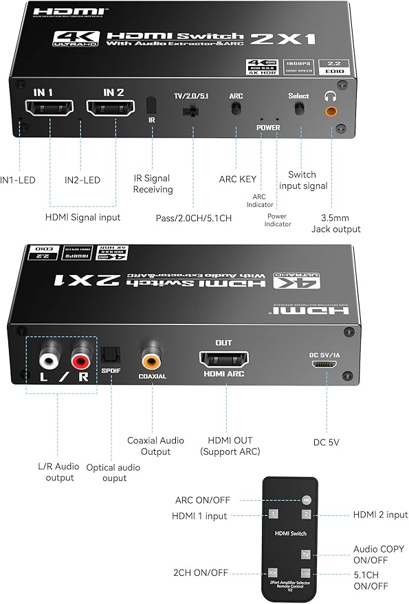 PERESAL HDMI Switch eARC Audio Extractor, 4K@60hz HDMI Audio Splitter with Remote, Support 7.1 Channel Audio/Optical Toslink SPDIF/Coaxial Converter HDR
