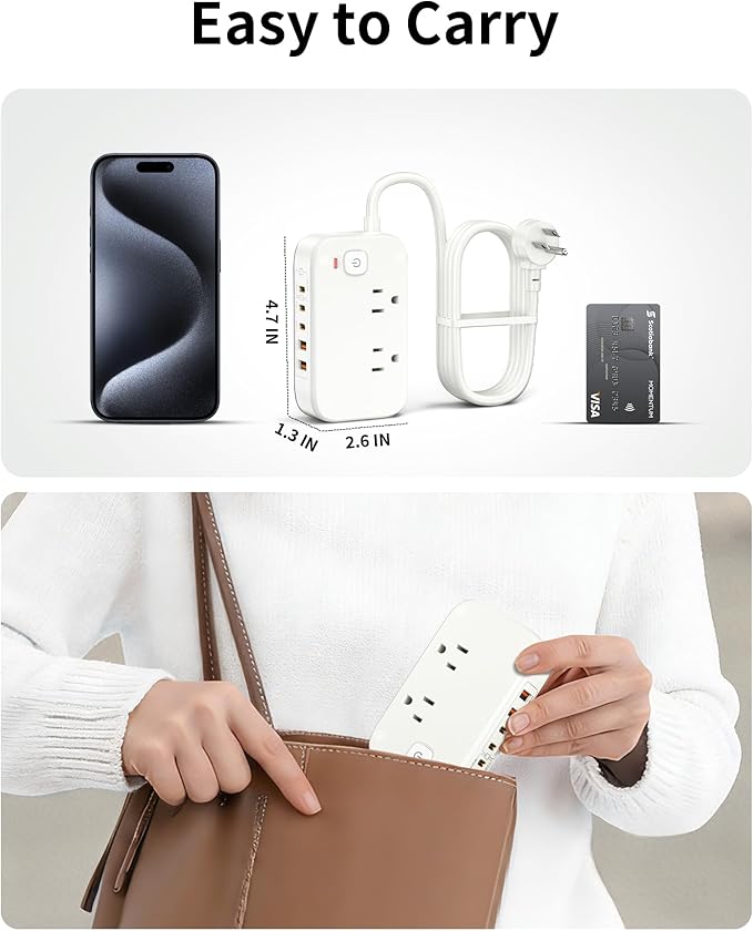 KWRNVO 5FT Portable USB C Power Strip Surge Protector PD 20W Flat Wall Plug Charger Multipl Outlets with 2500W AC Outlets, 3 USB-C Ports, 2 USB-A Ports for Home/Office/Travel