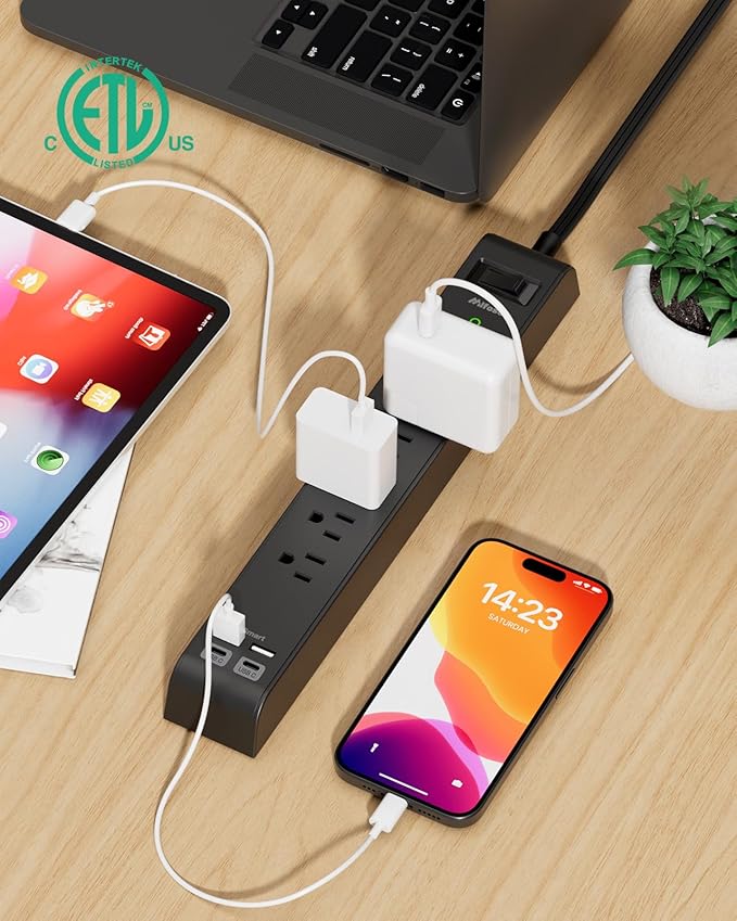 2 Pack Surge Protector Power Strip with 6 Outlets 4 USB Ports (2 USB C) 12-Foot Extension Cord Flat Plug 900 Joules 15A Circuit Breaker Wall Mount Desk USB Charging Station for Home Office