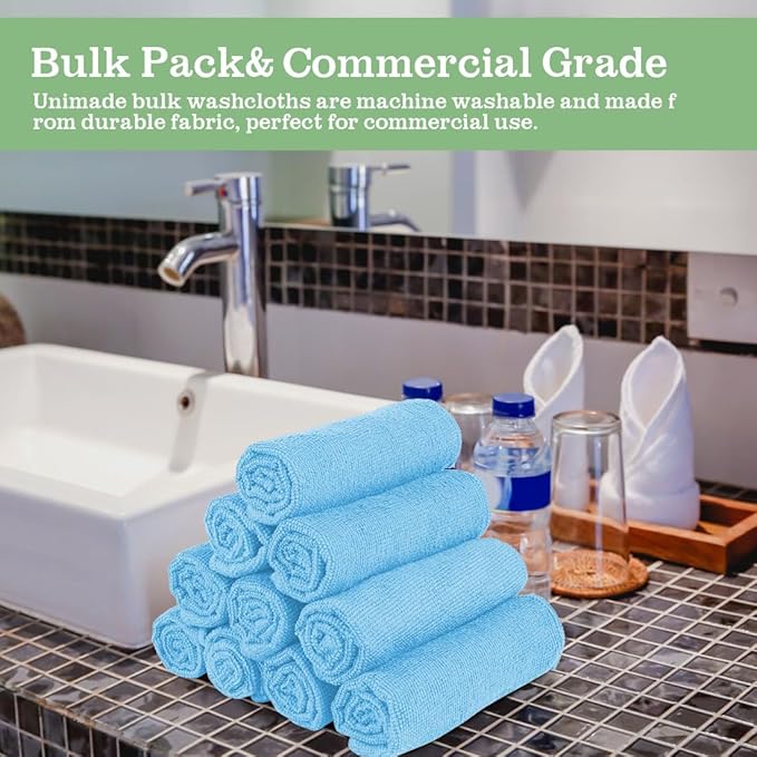 UNIMADE Washcloths Bulk - 100 Pack - Face Towels (12" x 12"), Highly Soft Wash Cloths and Hand Towels, Fast Drying Multi-Purpose Microfiber Cleansing Cloths for Bathroom, Hotel, Spa, and Salon - Blue