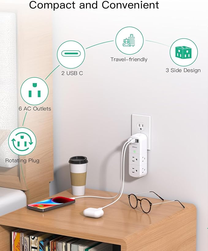 PD30W USB Outlet Extender Surge Protector - with Rotating Plug, 6 AC Multi Plug and 3 USB Ports (2 C), 3-Sided Swivel Power Strip Spaced Splitter for Home, Office, Travel